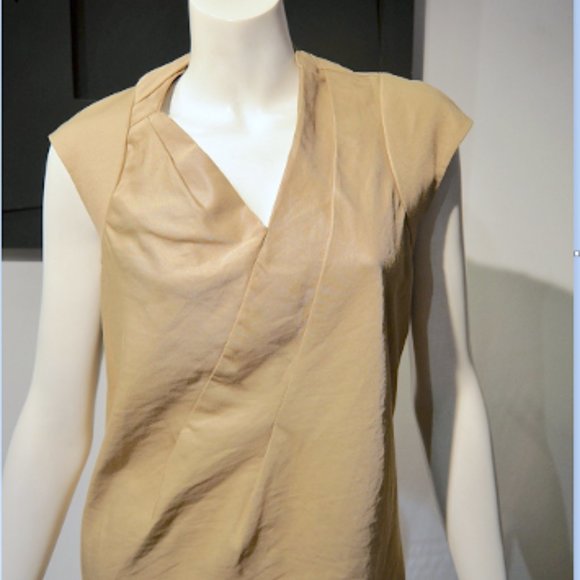 Vintage Tan Twill Asymmetric Pleat Sheath Dress - Picture 1 of 7